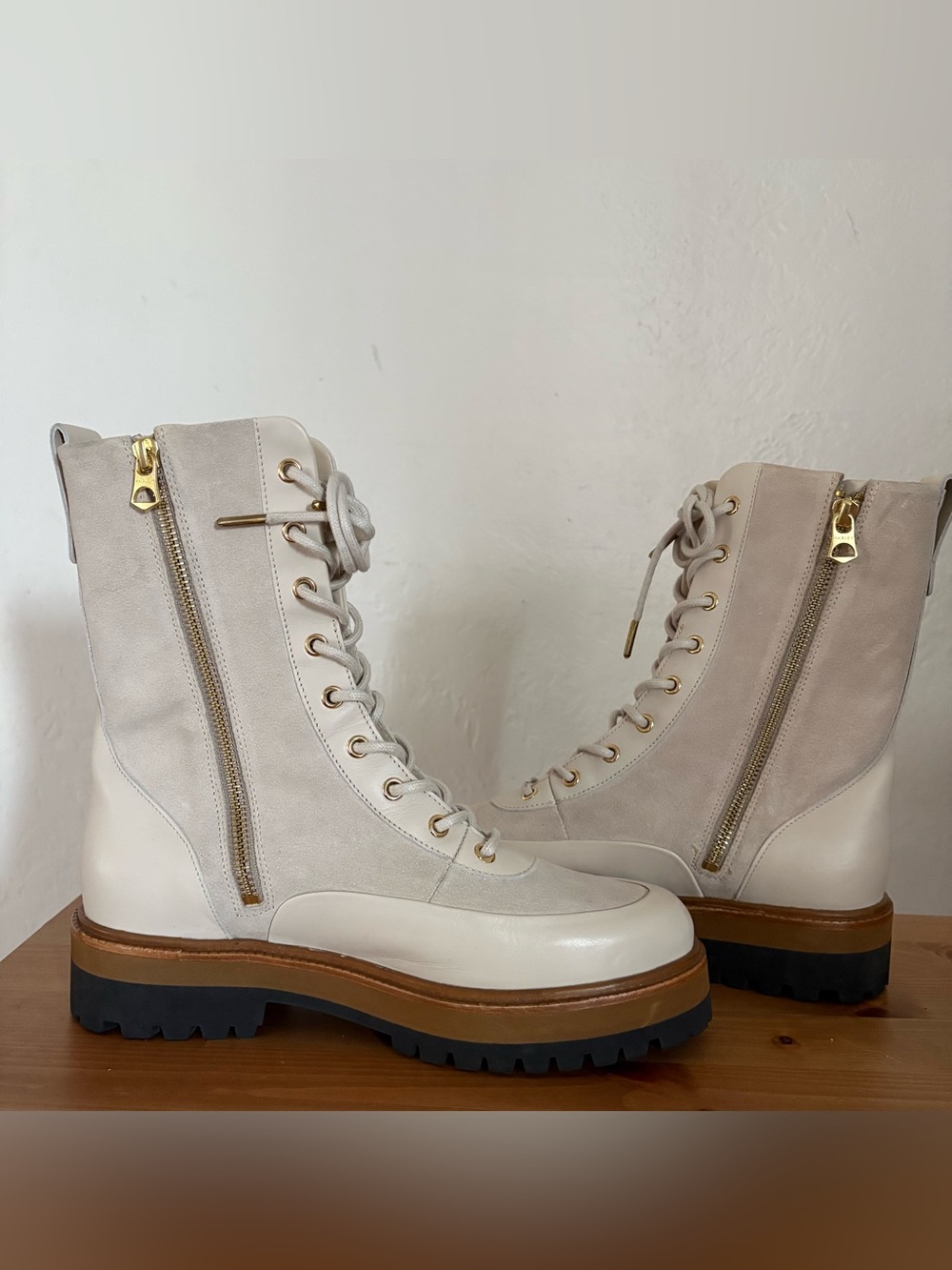 Varley Cream Lace-Up Platform Boots with Gold Zippers